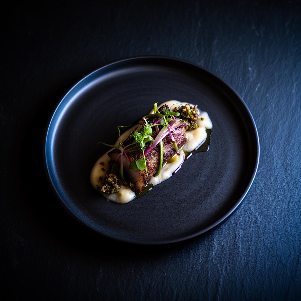 Beautifully plated dish on a dark slate plate, evoking a fine-dining tasting menu